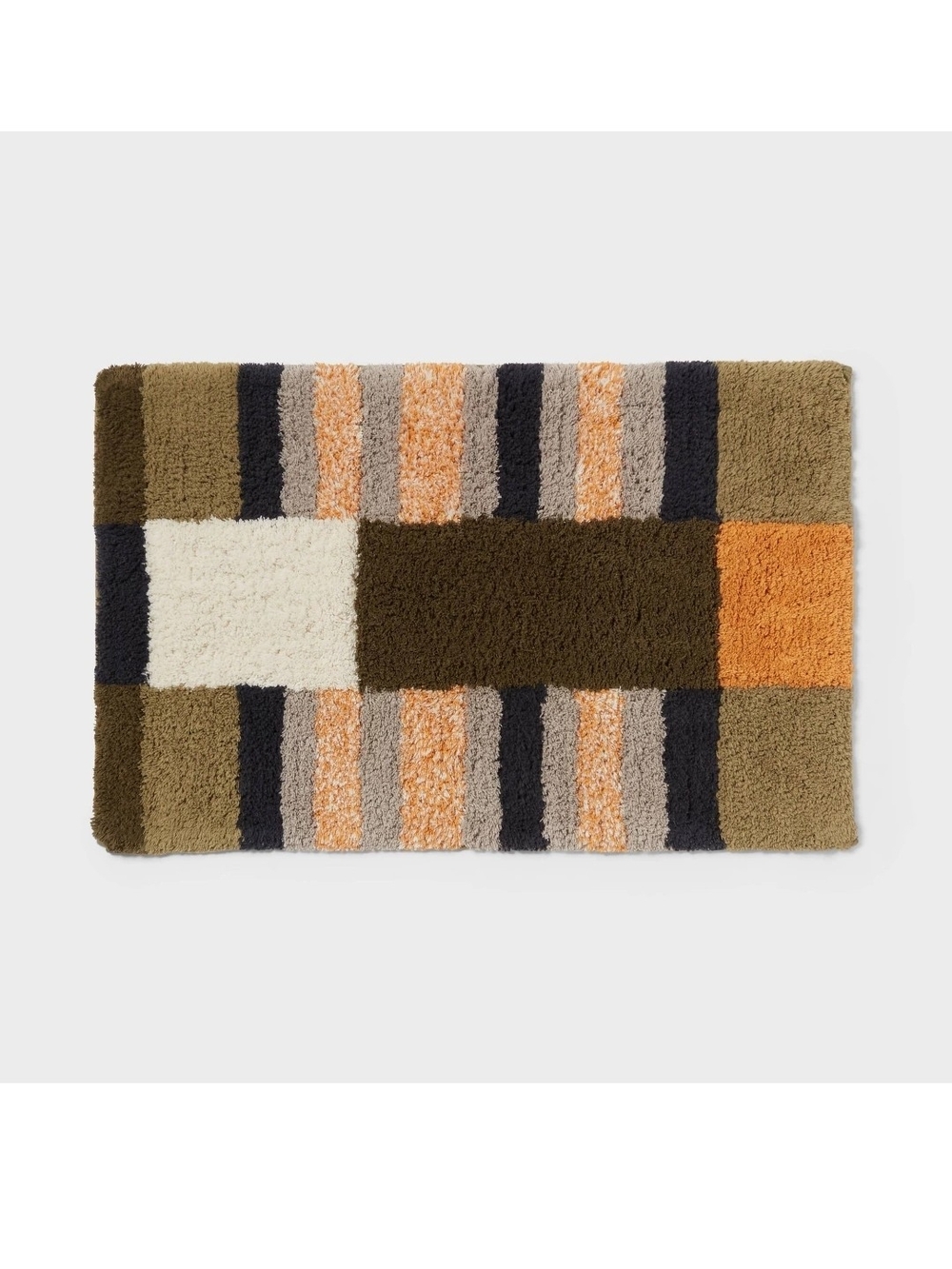Plush Striped Rectangle Bath Mat in Olive, Orange & Cream
